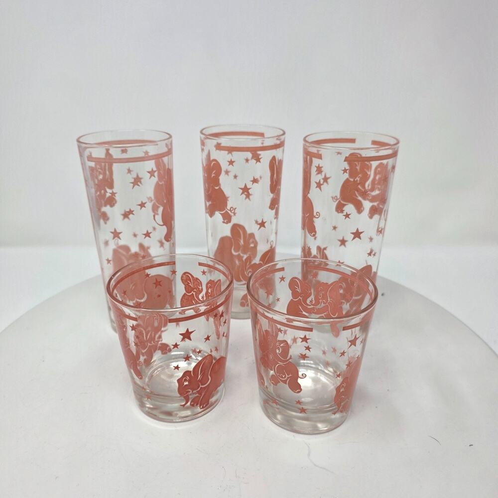 VTG Hazel Atlas Dancing Pink Elephant Tumbler and Whiskey Glasses 5 pcs Mix Lot